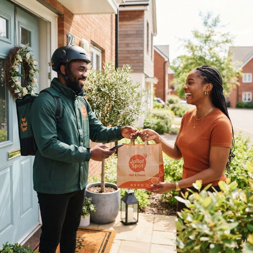 A customer happily receiving an Empire Deliveries order at home